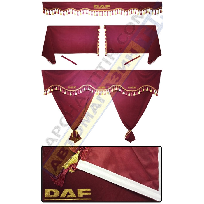 Шторы в DAF 95-105 XF, комплект, Лобовая штора, Солнцезащитная шторка, Спальник (бордовый) Шторы в DAF 95-105 XF, комплект, Лобовая штора, Солнцезащитная шторка, Спальник (бордовый)