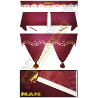 Штори в MAN TGA-TGX, комплект, Лобова штора, Сонцезахисна шторка, Спальник (бордовий) Штори в MAN TGA-TGX, комплект, Лобова штора, Сонцезахисна шторка, Спальник (бордовий)