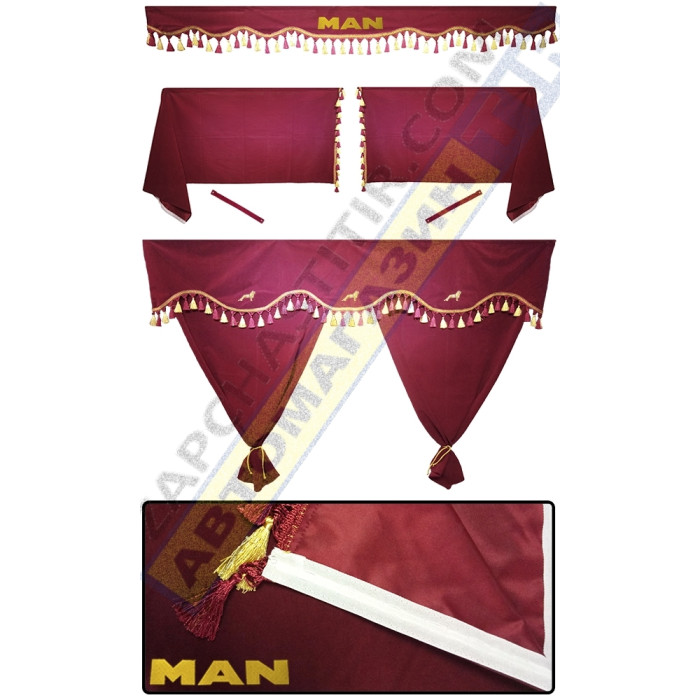 Штори в MAN TGA-TGX, комплект, Лобова штора, Сонцезахисна шторка, Спальник (бордовий) Штори в MAN TGA-TGX, комплект, Лобова штора, Сонцезахисна шторка, Спальник (бордовий)