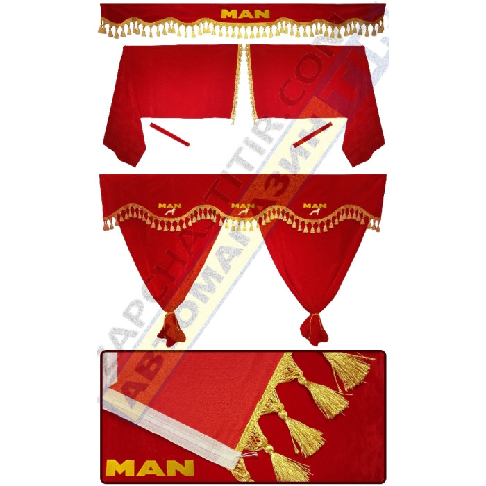 Штори в MAN TGA-TGX, комплект, Лобова штора, Сонцезахисна шторка, Спальник (червоний) Штори в MAN TGA-TGX, комплект, Лобова штора, Сонцезахисна шторка, Спальник (червоний)