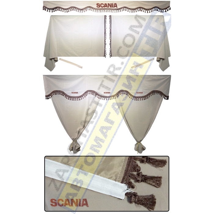 Штори в SCANIA R TOPLINE, комплект, Лобова штора, Сонцезахисна шторка, Спальник (бежевий) Штори в SCANIA R TOPLINE, комплект, Лобова штора, Сонцезахисна шторка, Спальник (бежевий)