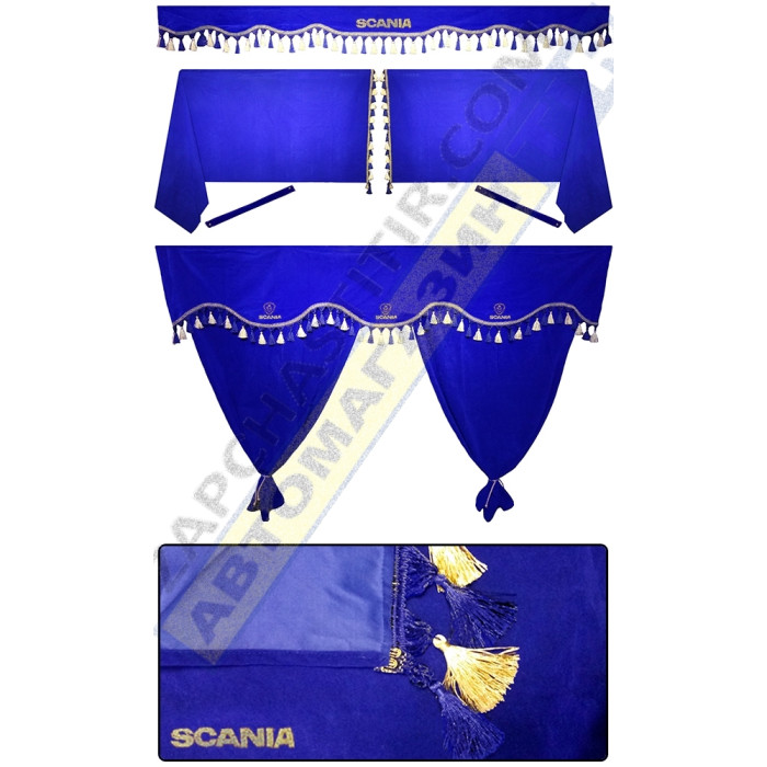 Штори в SCANIA R TOPLINE, комплект, Лобова штора, Сонцезахисна шторка, Спальник (синій) Штори в SCANIA R TOPLINE, комплект, Лобова штора, Сонцезахисна шторка, Спальник (синій)