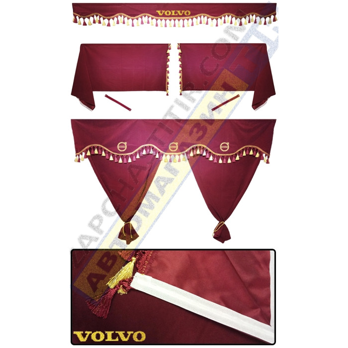 Штори в VOLVO FH, комплект, Лобова штора, Сонцезахисна шторка, Спальник (бордовий) Штори в VOLVO FH, комплект, Лобова штора, Сонцезахисна шторка, Спальник (бордовий)