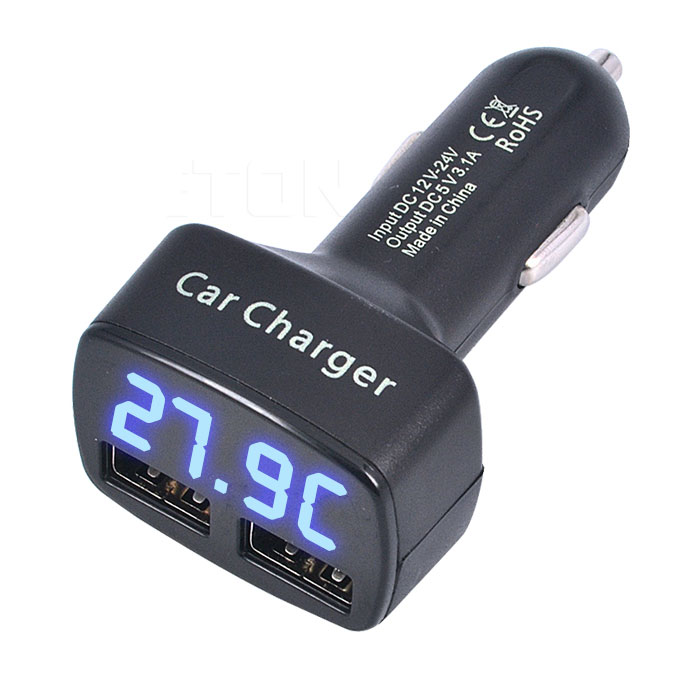 Автомобільний зарядний пристрій у прикурювач з вольтметром та вбудованим термодатчиком, 12В/24В, синій Автомобільний зарядний пристрій у прикурювач з вольтметром та вбудованим термодатчиком, 12В/24В, синій